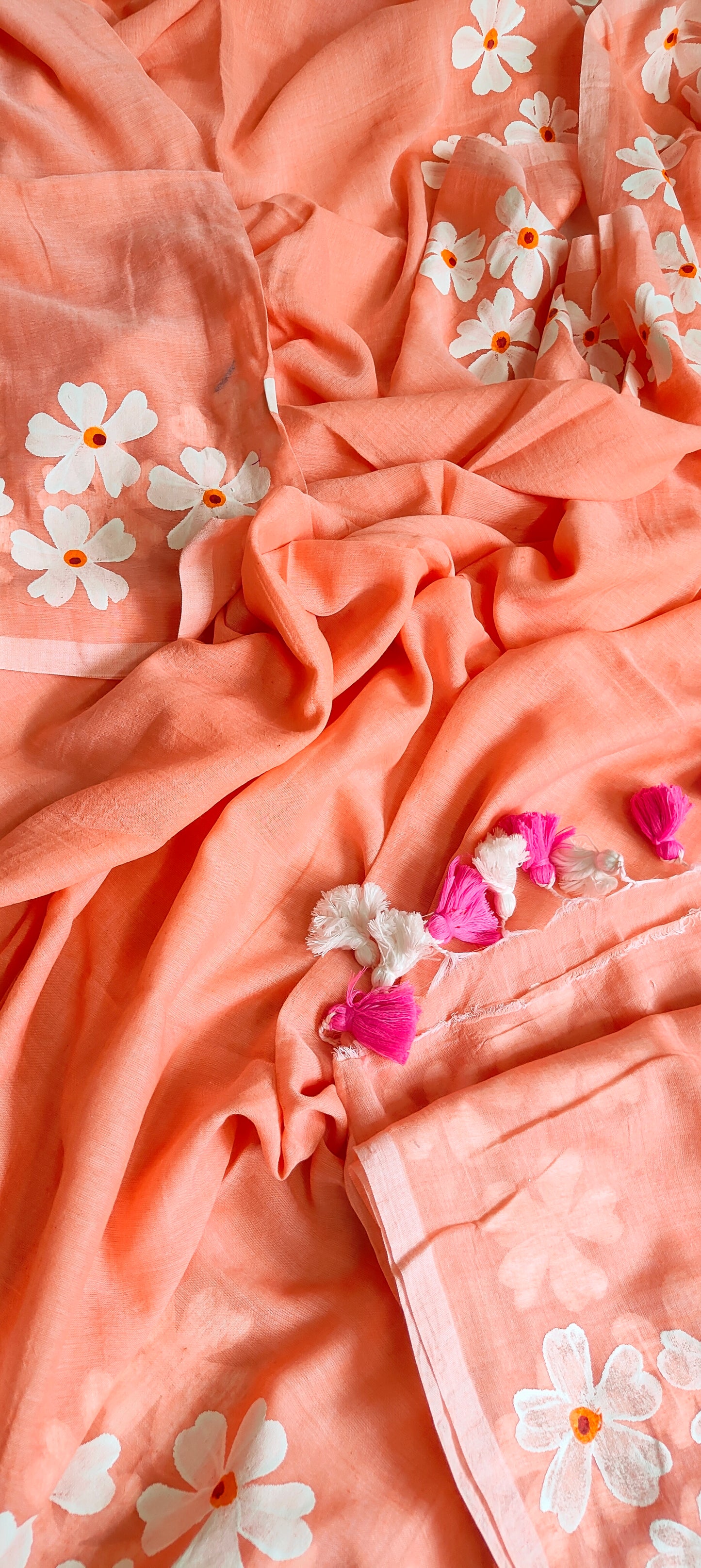 Chitrika – Peach Pink Hand Painted Mul Cotton Saree