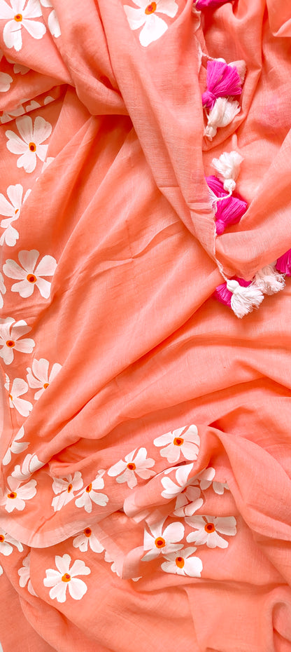 Chitrika – Peach Pink Hand Painted Mul Cotton Saree