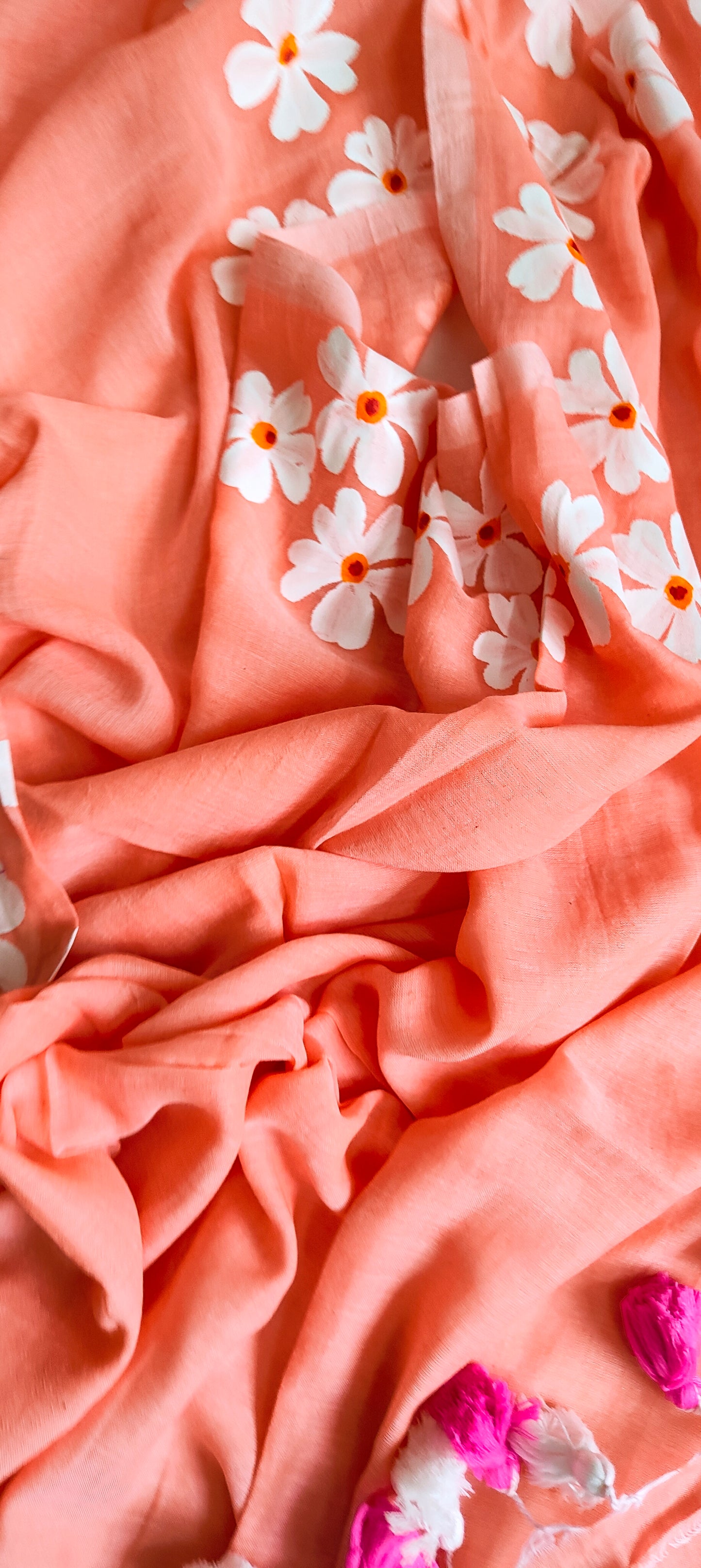 Chitrika – Peach Pink Hand Painted Mul Cotton Saree