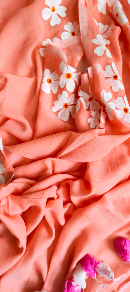 Chitrika – Peach Pink Hand Painted Mul Cotton Saree