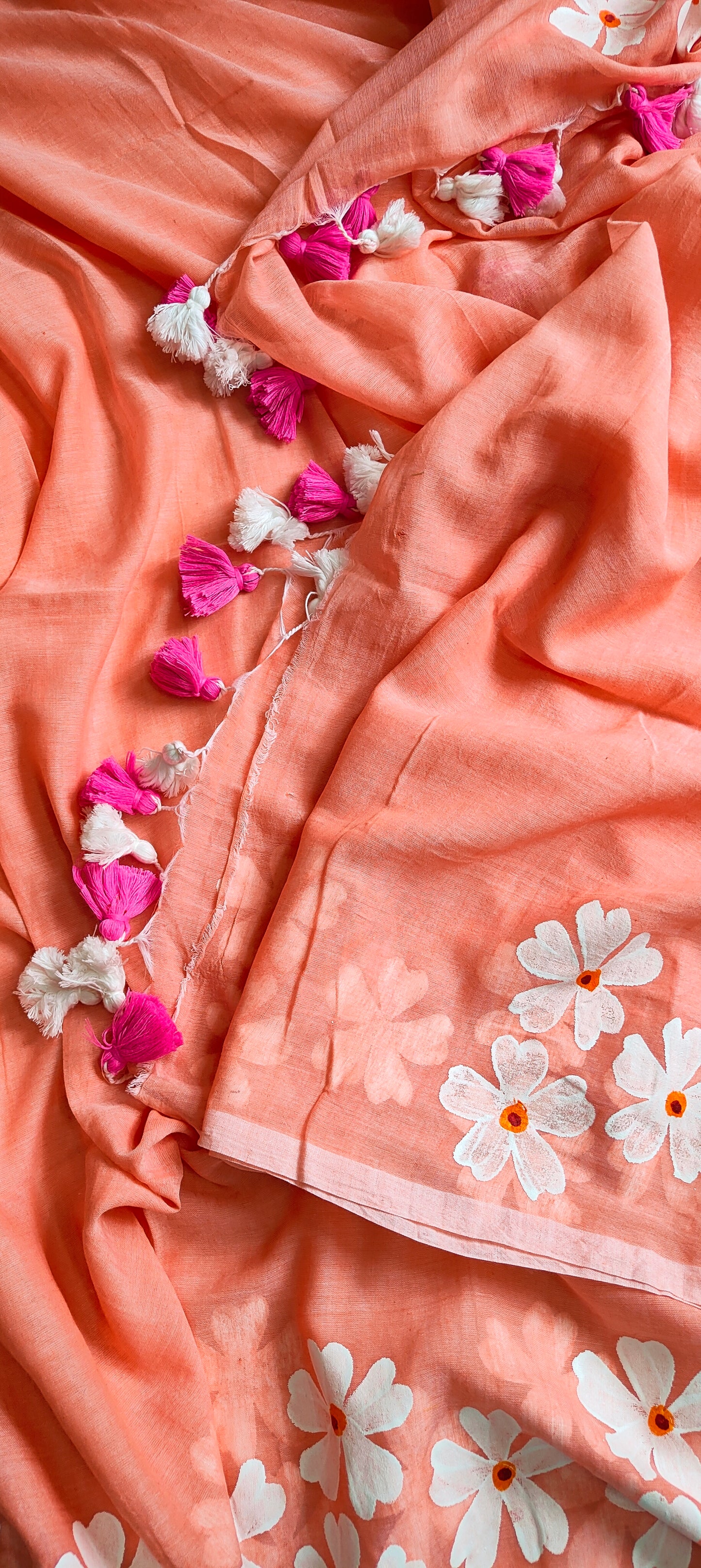 Chitrika – Peach Pink Hand Painted Mul Cotton Saree