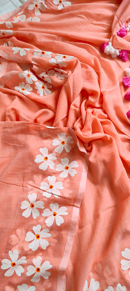 Chitrika – Peach Pink Hand Painted Mul Cotton Saree