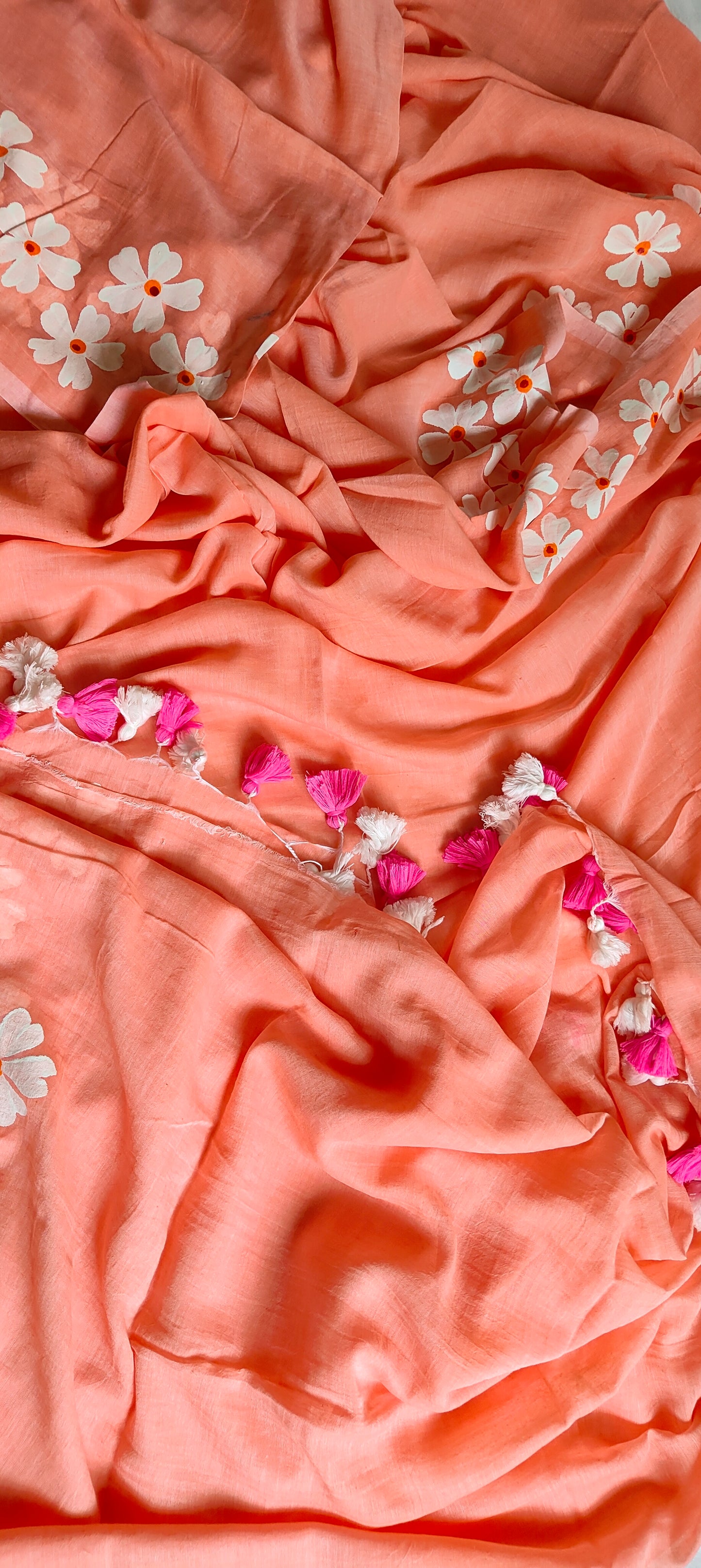 Chitrika – Peach Pink Hand Painted Mul Cotton Saree