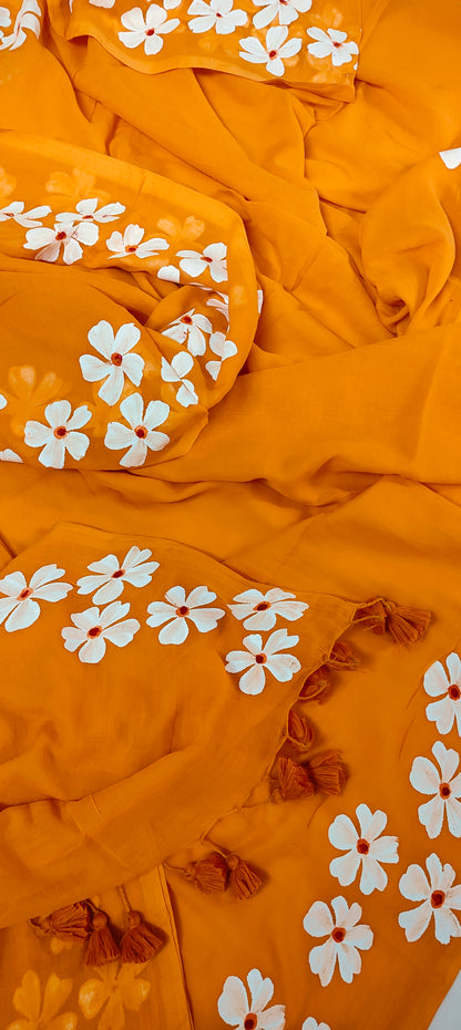 Chitrika – Gerua Hand Painted Mul Cotton Saree