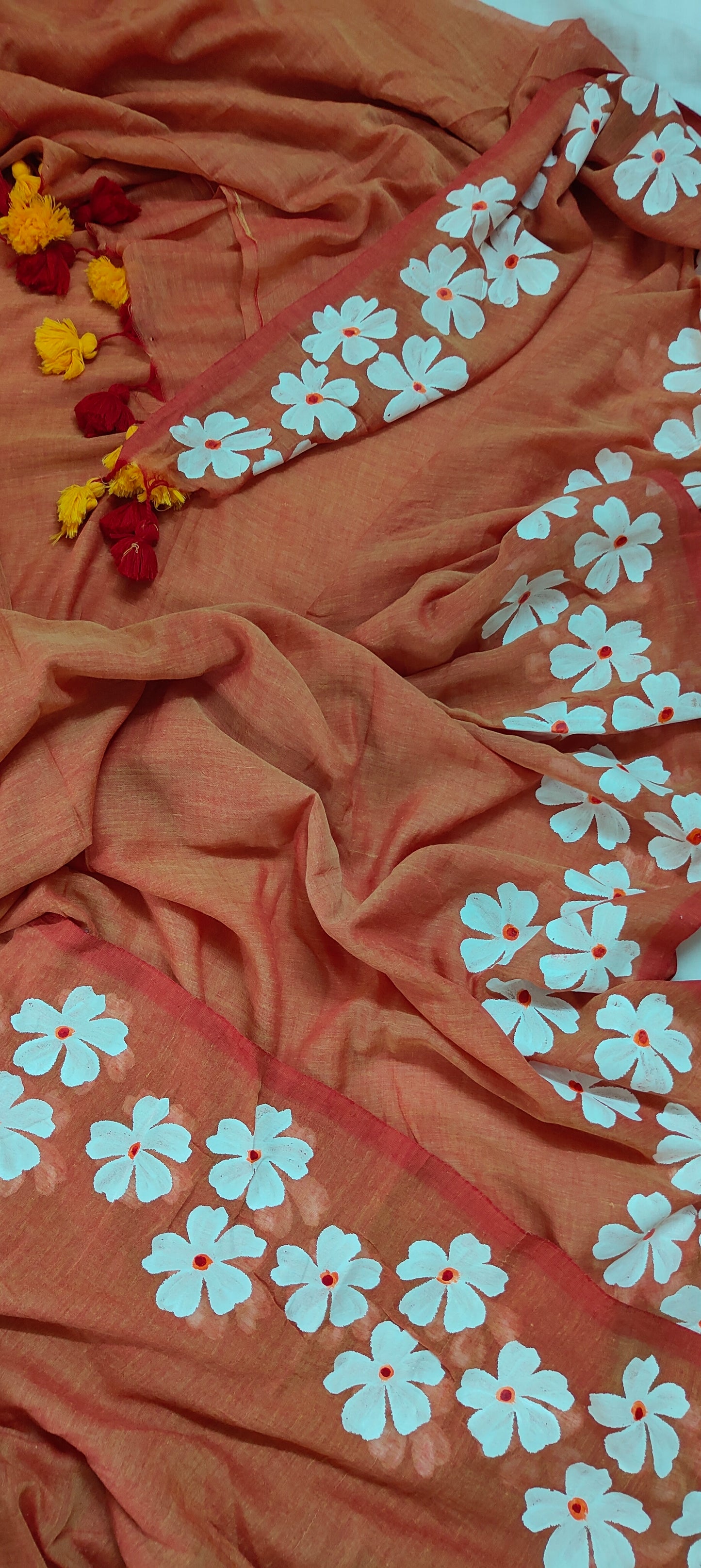 Chitrika – Dual Rust Hand Painted Mul Cotton Saree