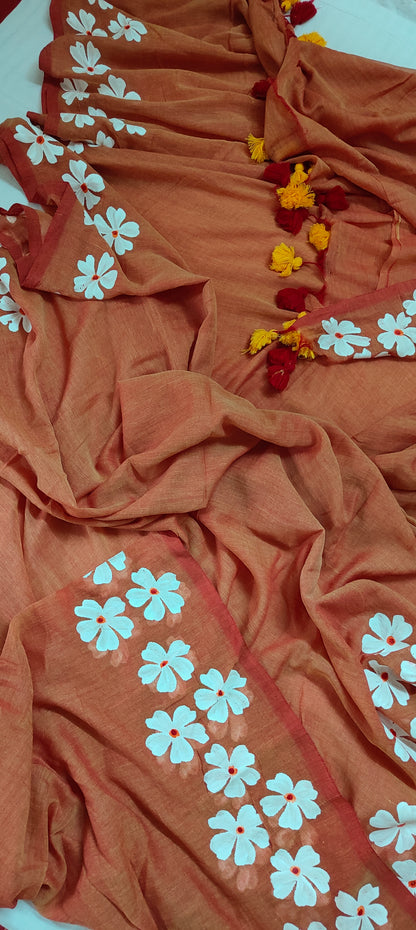 Chitrika – Dual Rust Hand Painted Mul Cotton Saree