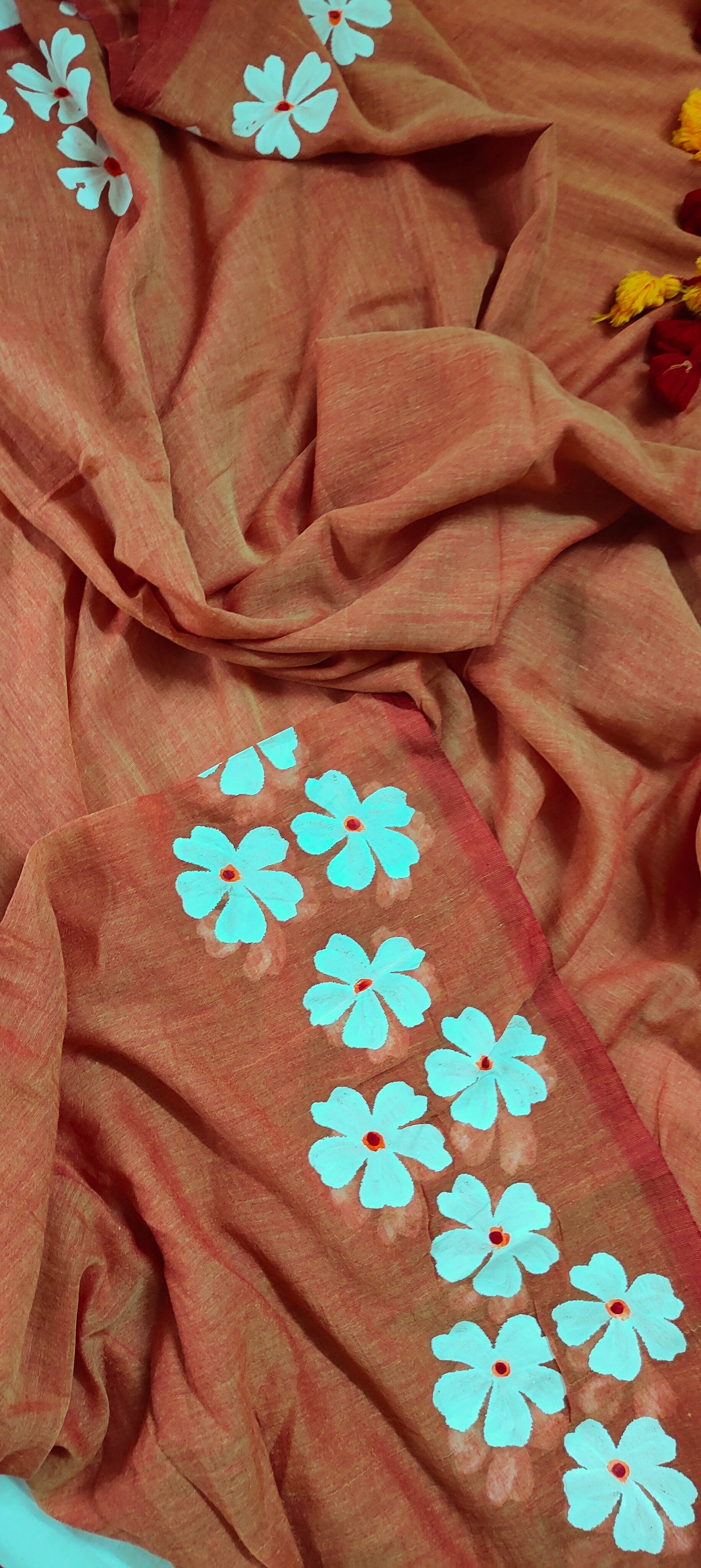 Chitrika – Dual Rust Hand Painted Mul Cotton Saree
