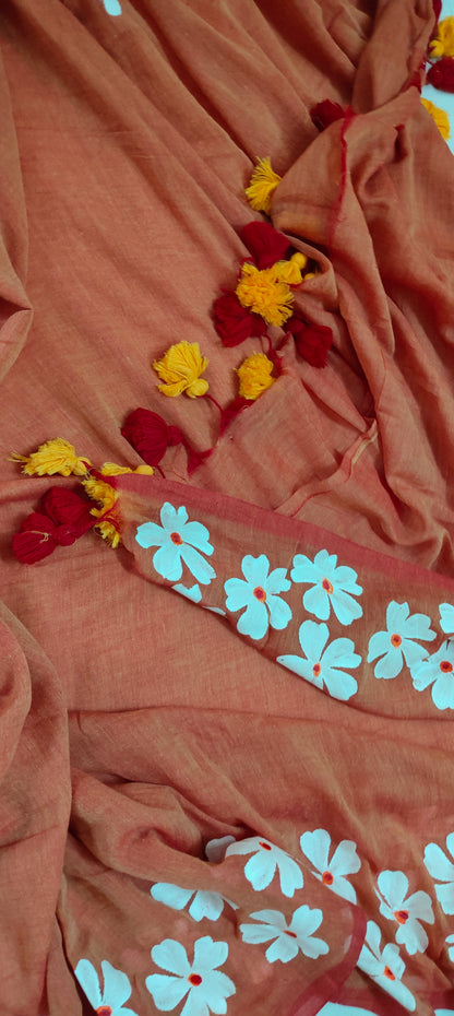 Chitrika – Dual Rust Hand Painted Mul Cotton Saree