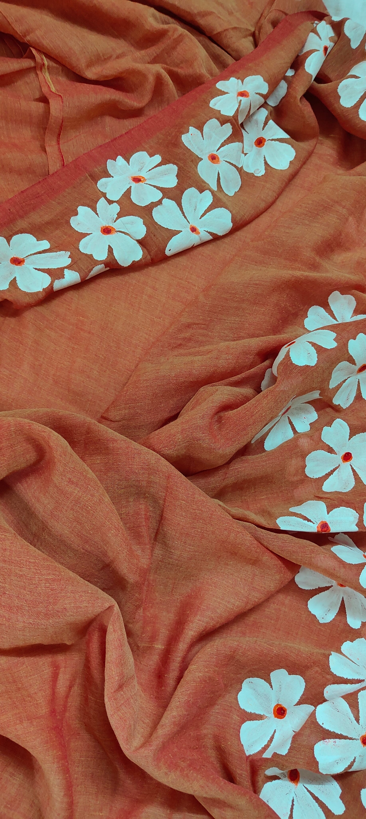 Chitrika – Dual Rust Hand Painted Mul Cotton Saree