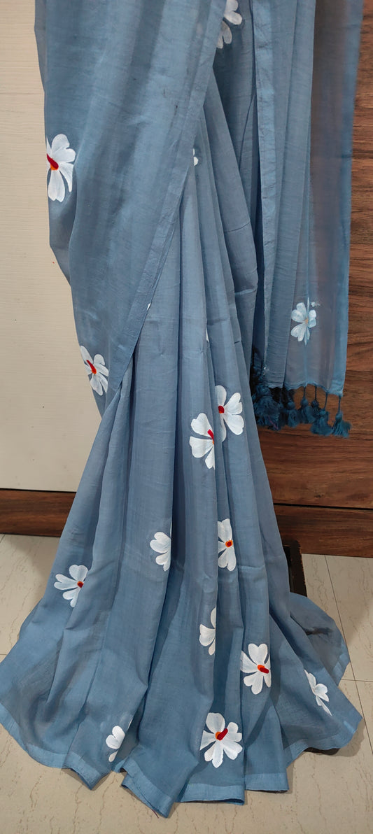 Chitrika – Grey Hand Painted Mul Cotton Saree