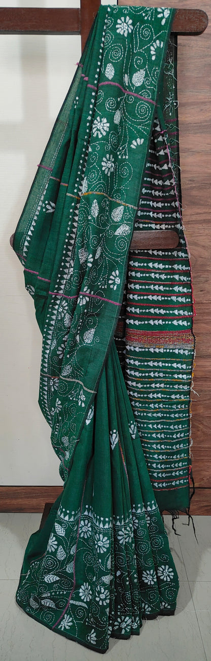 Katha – Dark Green Exclusive Kantha Khesh Cotton Saree
