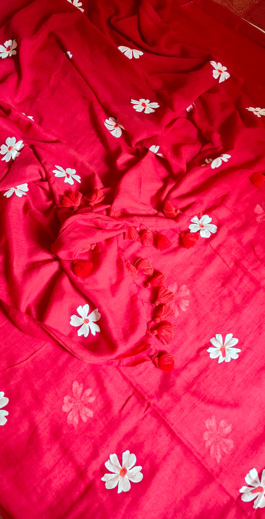 Chitrika – Passionate Red Hand Painted Mul Cotton Saree