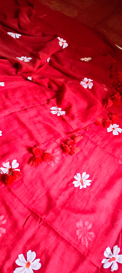 Chitrika – Passionate Red Hand Painted Mul Cotton Saree