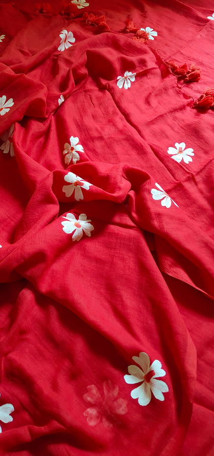 Chitrika – Passionate Red Hand Painted Mul Cotton Saree