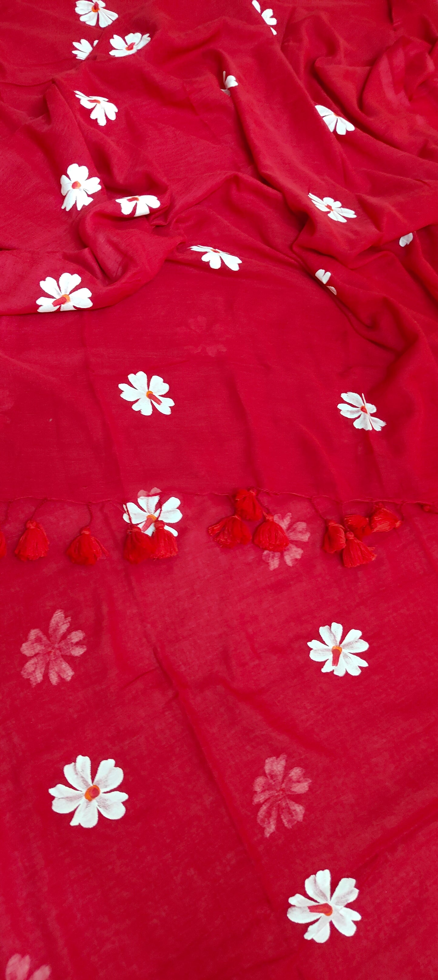 Chitrika – Passionate Red Hand Painted Mul Cotton Saree