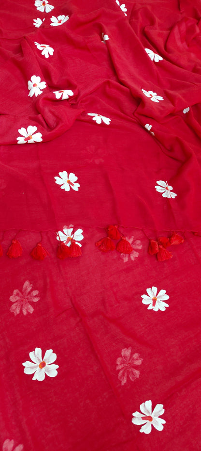 Chitrika – Passionate Red Hand Painted Mul Cotton Saree