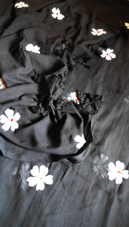 Chitrika – Eternal Black Hand Painted Mul Cotton Saree