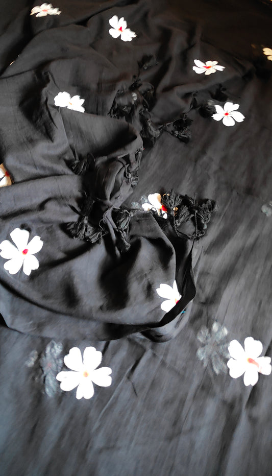 Chitrika – Eternal Black Hand Painted Mul Cotton Saree