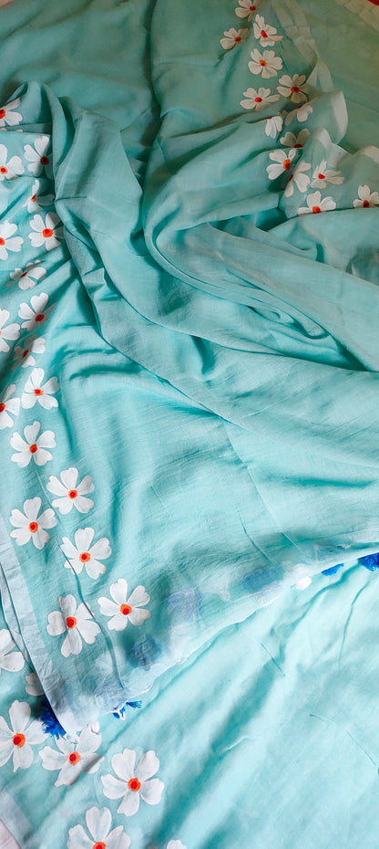 Chitrika – Sea Green Hand Painted Mul Cotton Saree