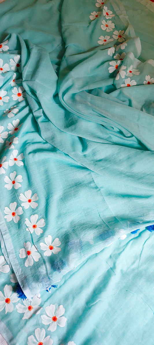 Chitrika – Sea Green Hand Painted Mul Cotton Saree