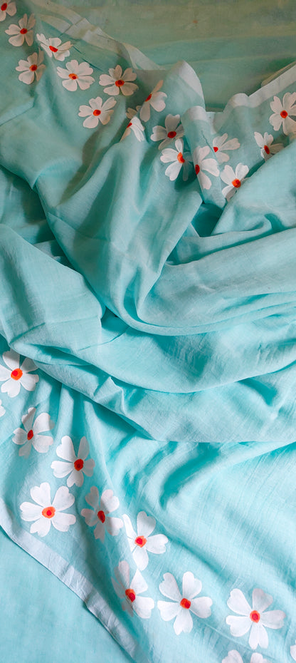 Chitrika – Sea Green Hand Painted Mul Cotton Saree