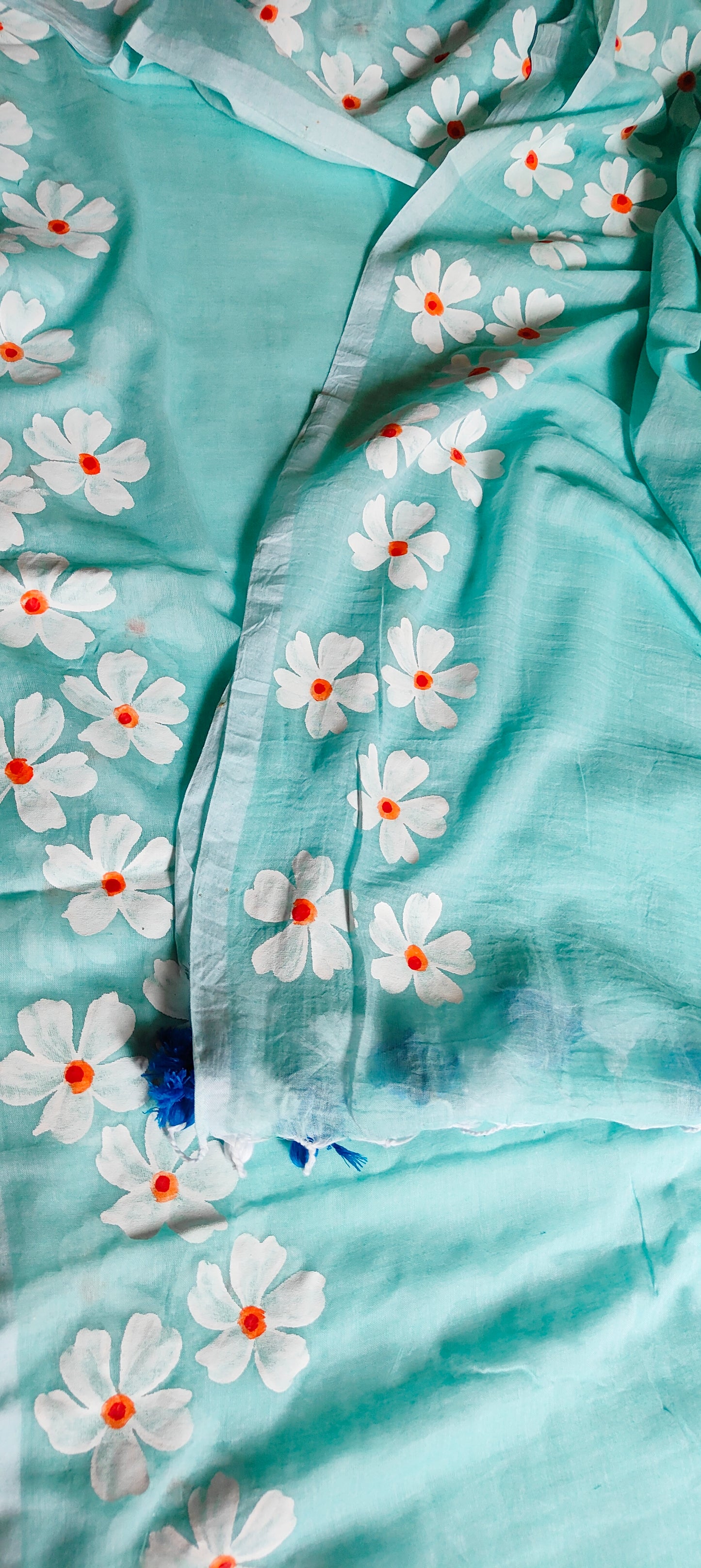 Chitrika – Sea Green Hand Painted Mul Cotton Saree