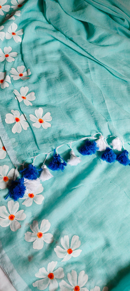 Chitrika – Sea Green Hand Painted Mul Cotton Saree