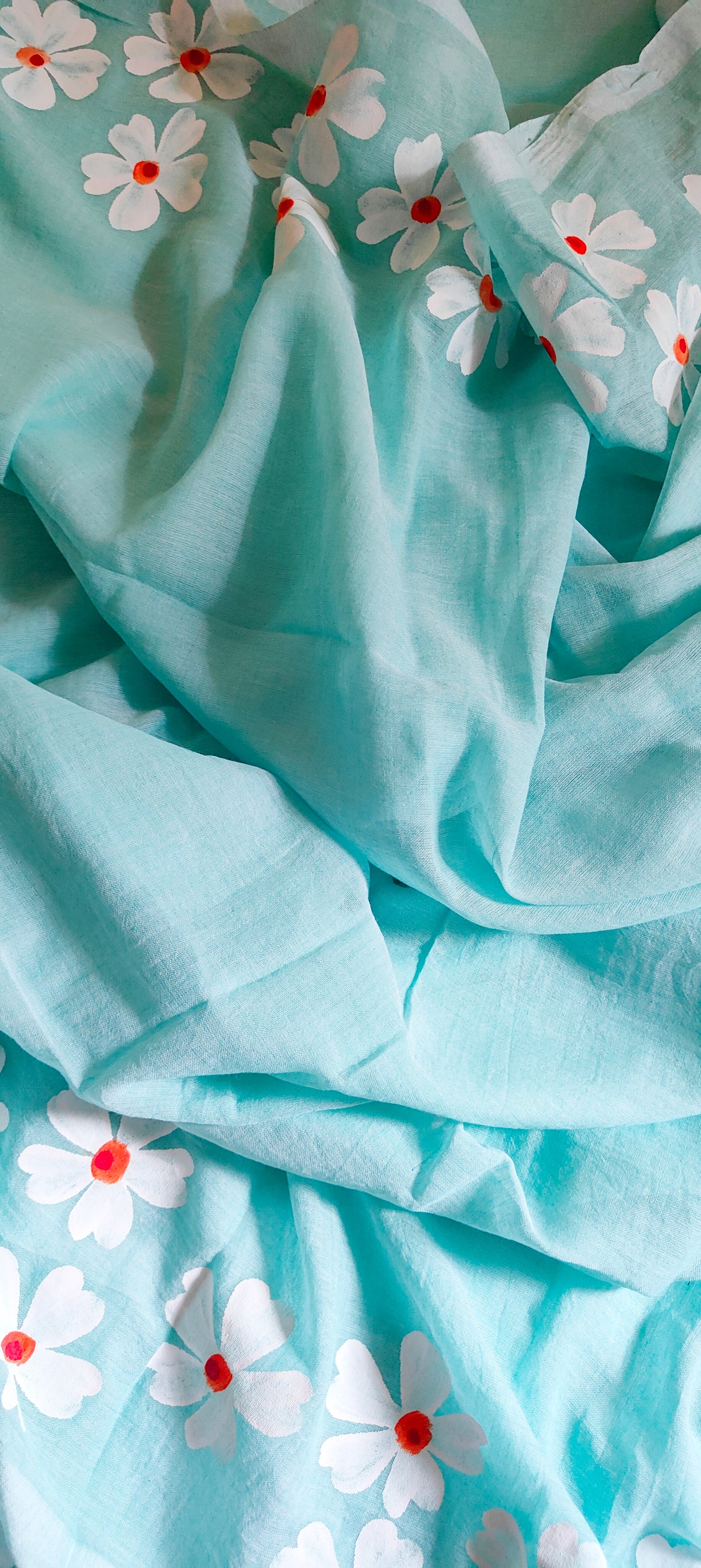 Chitrika – Sea Green Hand Painted Mul Cotton Saree