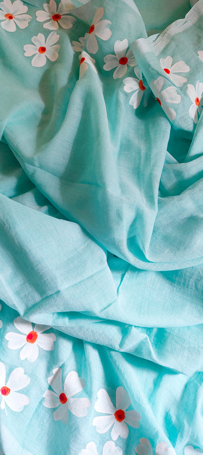Chitrika – Sea Green Hand Painted Mul Cotton Saree