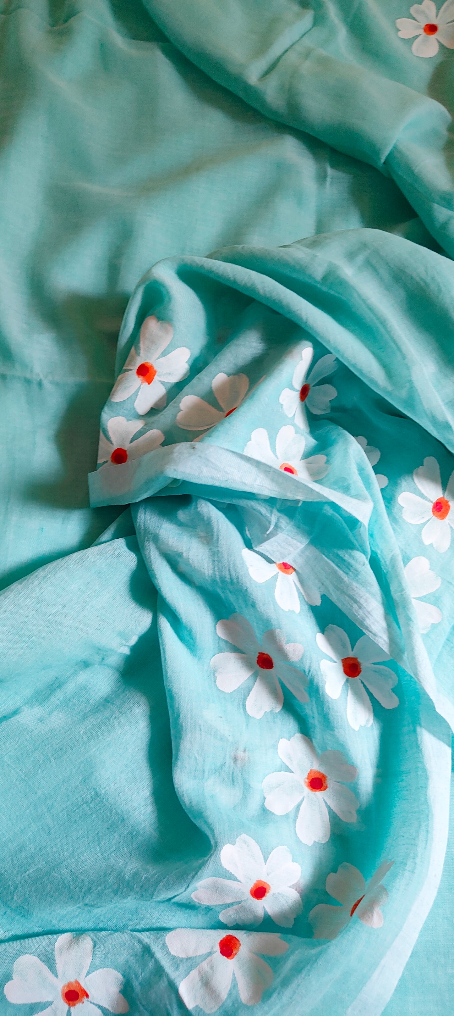Chitrika – Sea Green Hand Painted Mul Cotton Saree