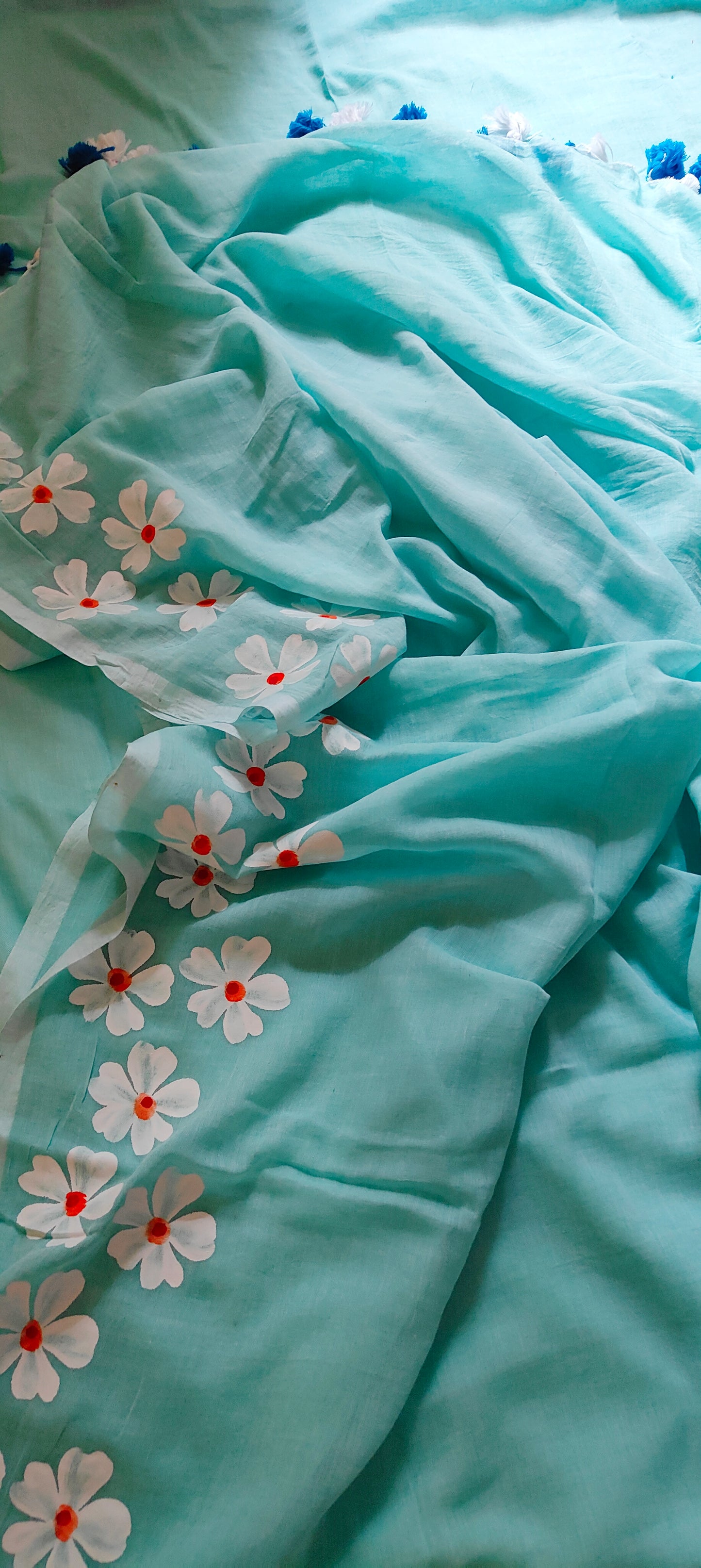 Chitrika – Sea Green Hand Painted Mul Cotton Saree