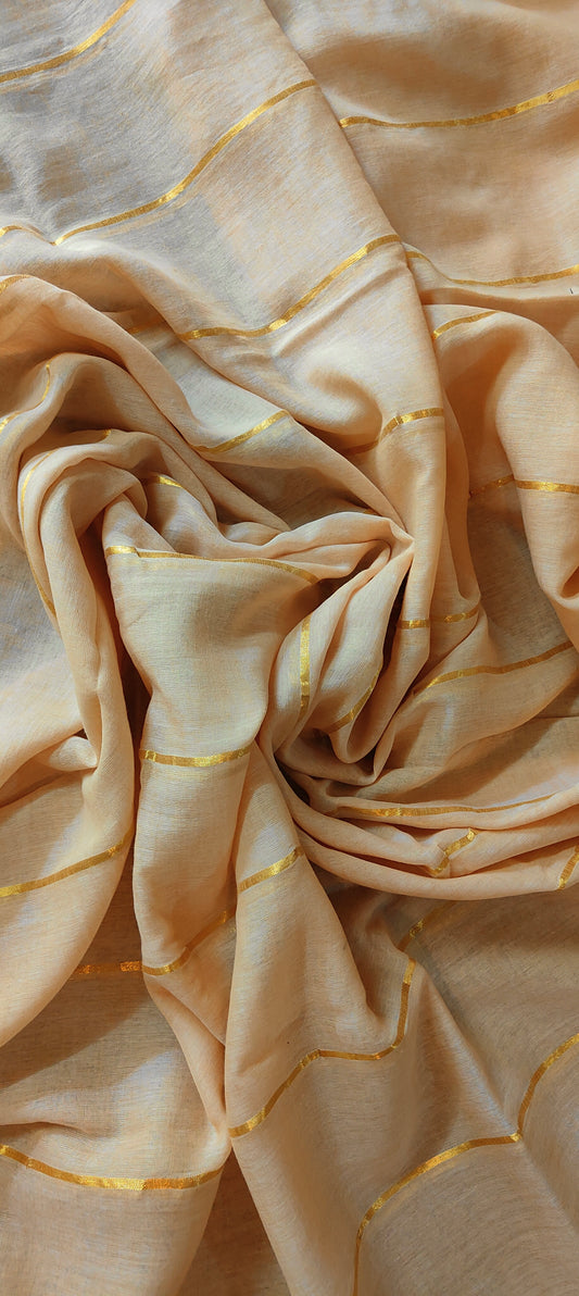 Cream Mul Cotton single color zari stripped Saree