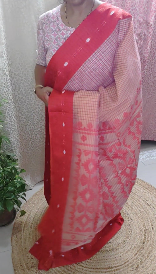 Beige-Red Resham Silk Soft Handloom saree