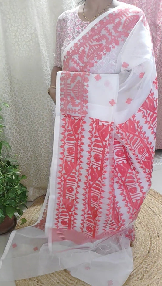 White-Red Resham Silk Handloom saree