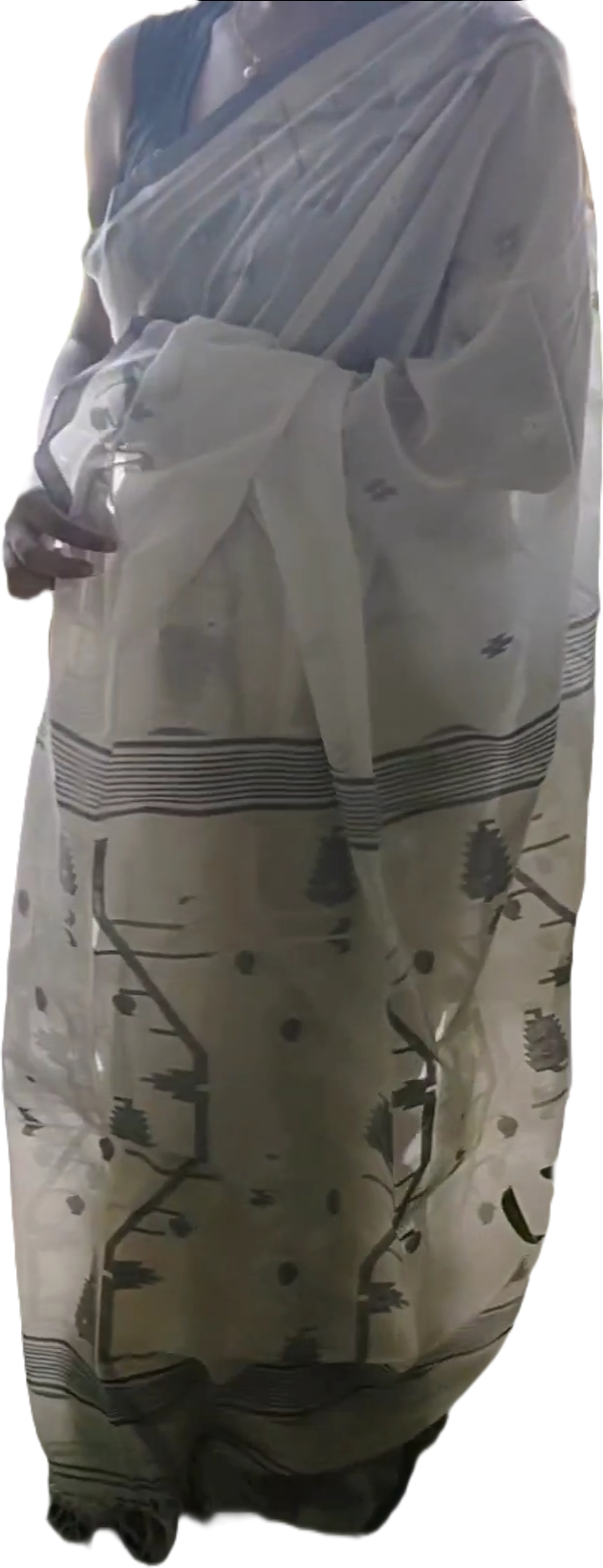 White Cotton jamdani with black thread worked border Saree