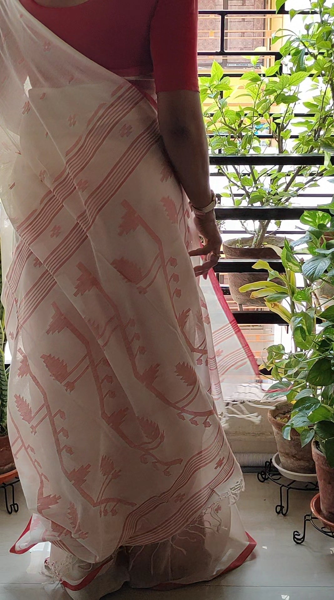 White Handspun Pure Cotton jamdani with red selvedge border Saree
