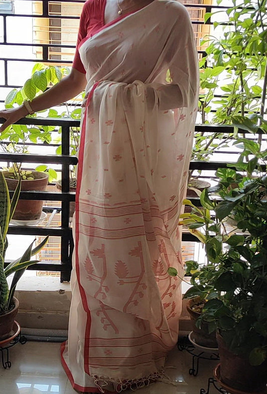 White Handspun Pure Cotton jamdani with red selvedge border Saree