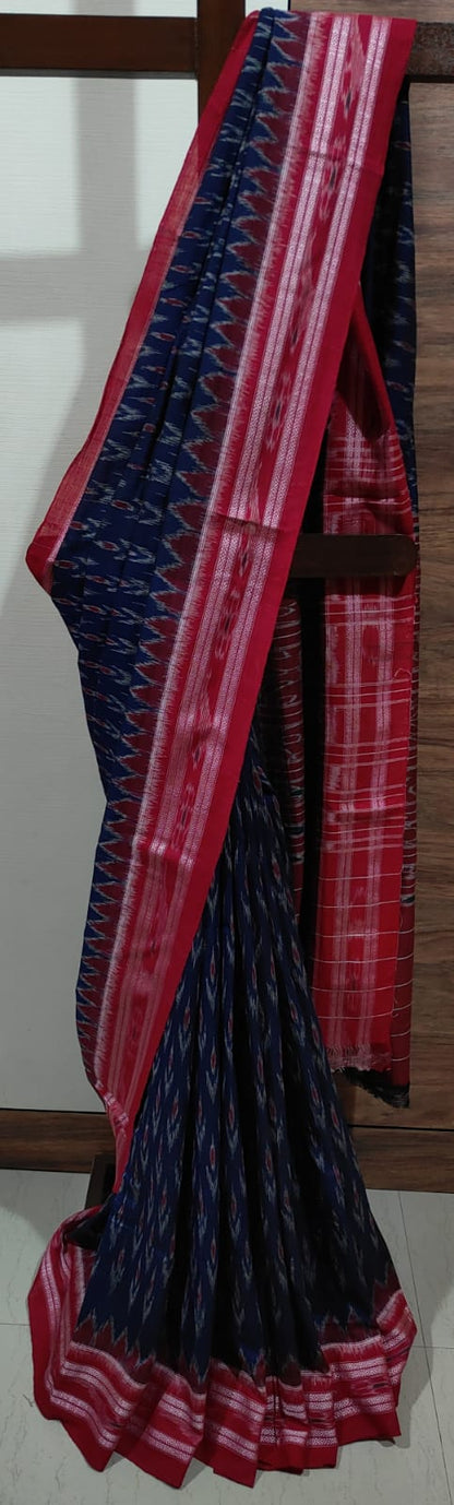 Navy blue Cotton handloom ikkat weave red border sambolpuri Saree