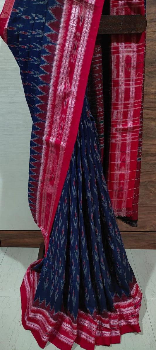 Navy blue Cotton handloom ikkat weave red border sambolpuri Saree