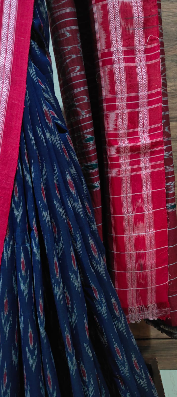 Navy blue Cotton handloom ikkat weave red border sambolpuri Saree
