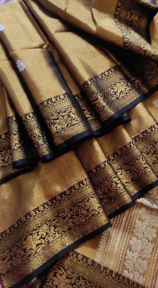 Golden Black Soft handloom Zari Banarasi Saree