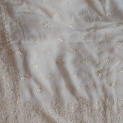 White Lucknowi Chikankari Saree With Sequin Embellishments