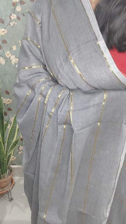 Madirima – Steel Grey Mul Cotton Saree with Antique Zari Stripes