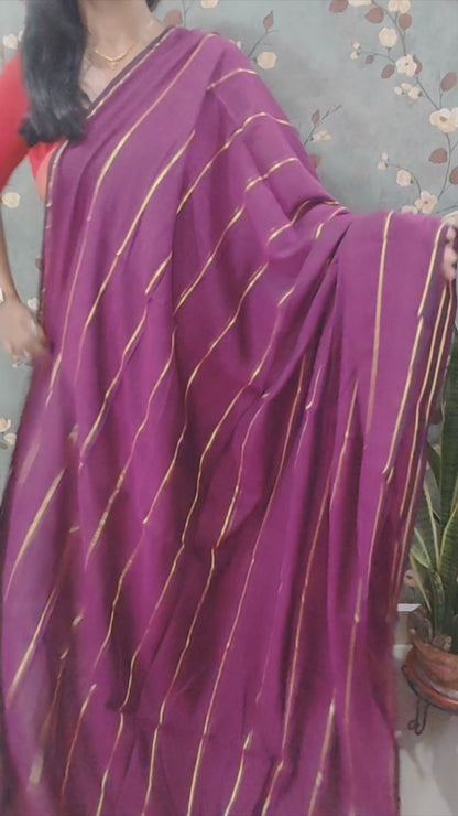Madirima – Wine Mul Cotton Saree with Antique Zari Stripes