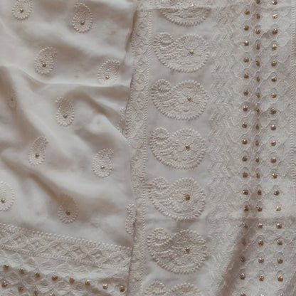 Metalic Golden work done exclusive lucknowi Chikankari White Chiffon Saree