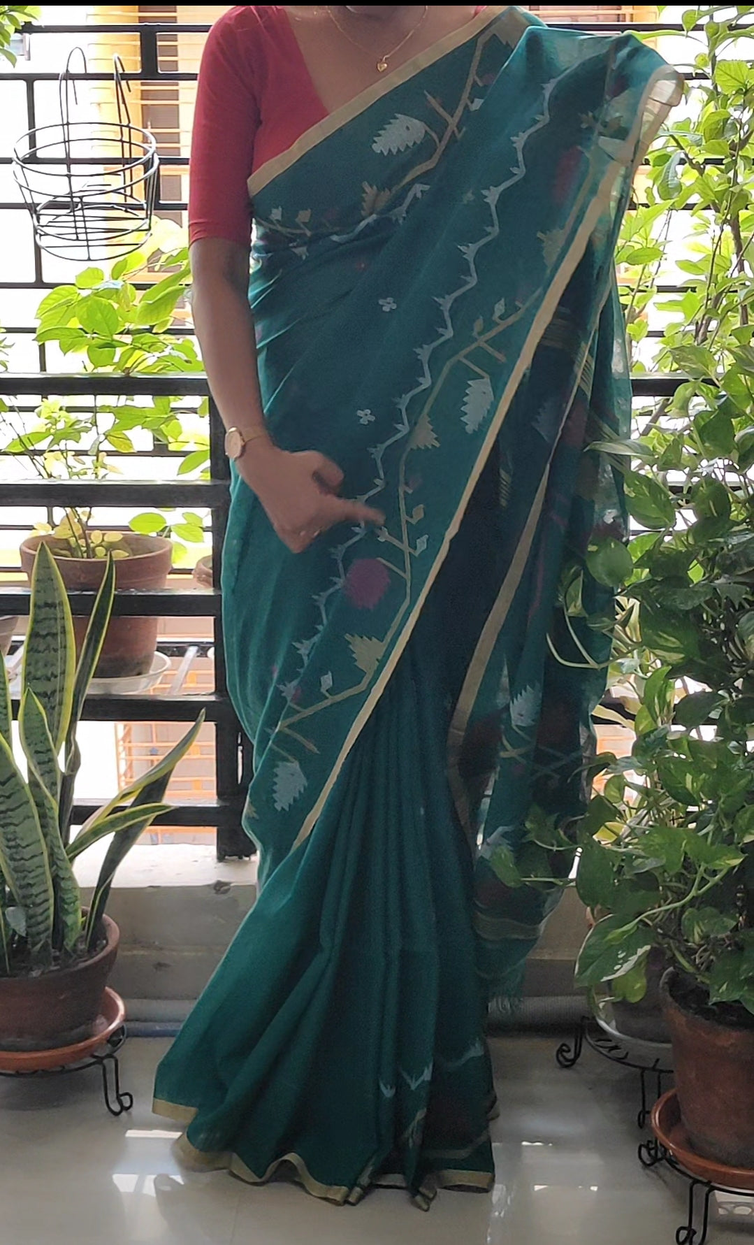 Sea Green Handspun Pure Cotton jamdani Saree