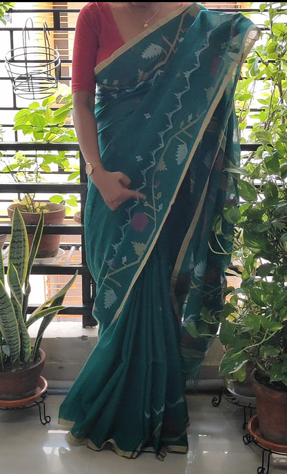 Sea Green Handspun Pure Cotton jamdani Saree