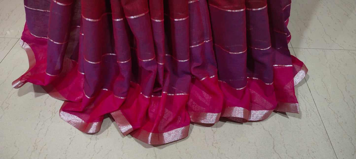 Multi Colored Mul Cotton Silver zari stripped Handloom Saree