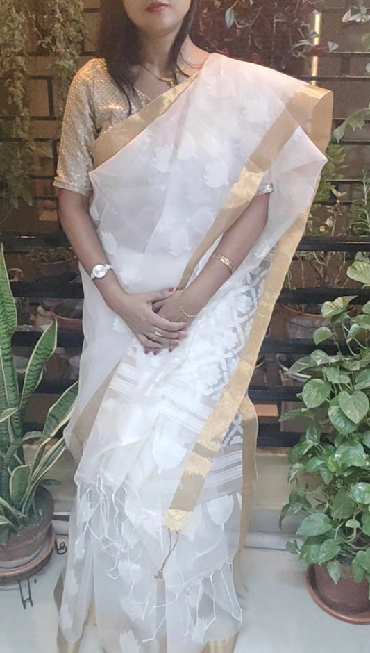 White Muslin cut work motif with Zari border Jamdani Saree