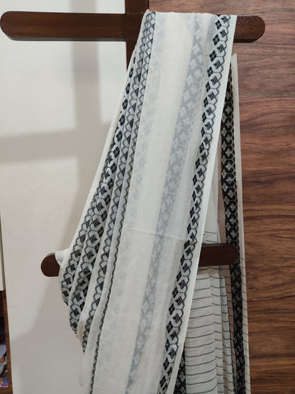 Black thread work done White fine Mulmul Cotton Handloom Saree